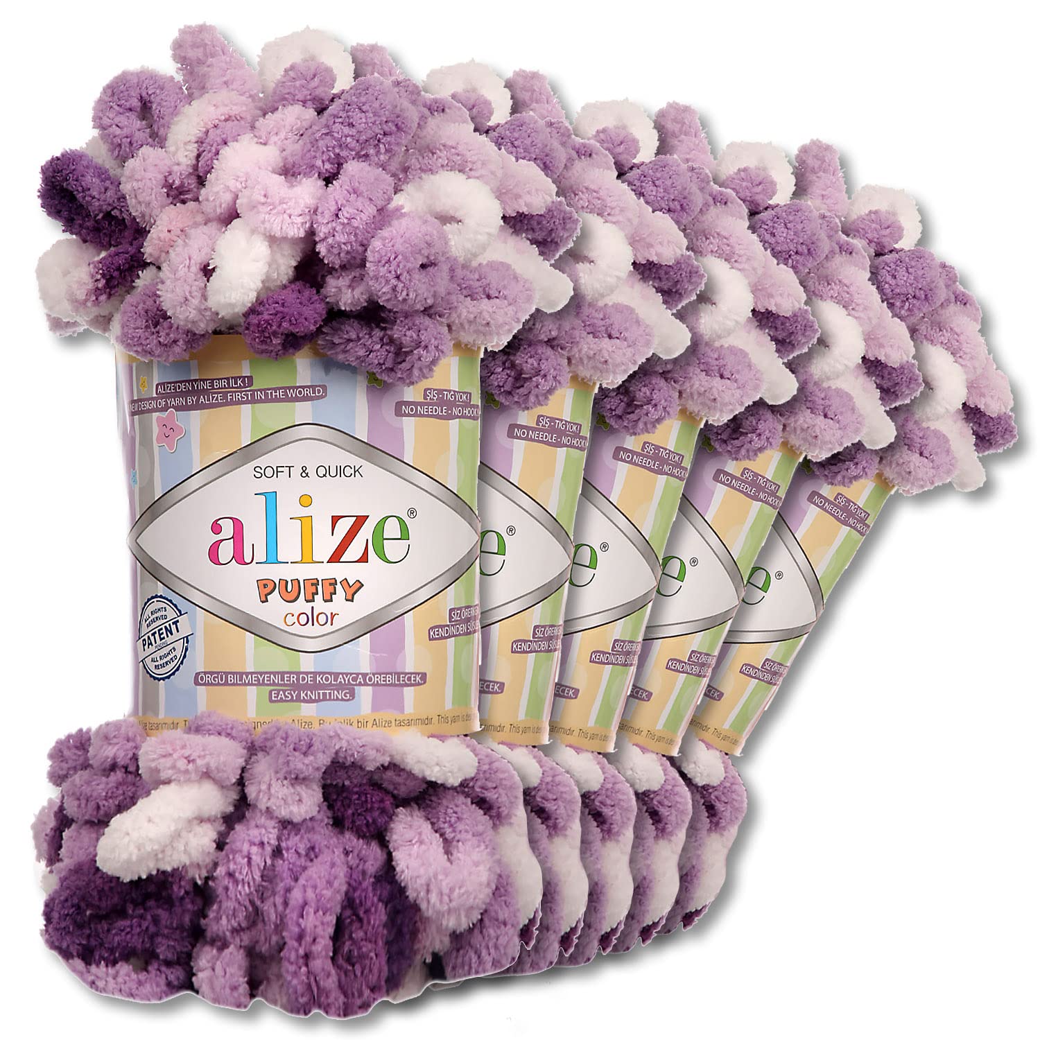 Wohnkult Alize Puffy Colour Premium Wool 5 x 100 g 26 Colour Combinations Chenille Handmade Knitting and Crochet without Tools Smart Yarn (5923)