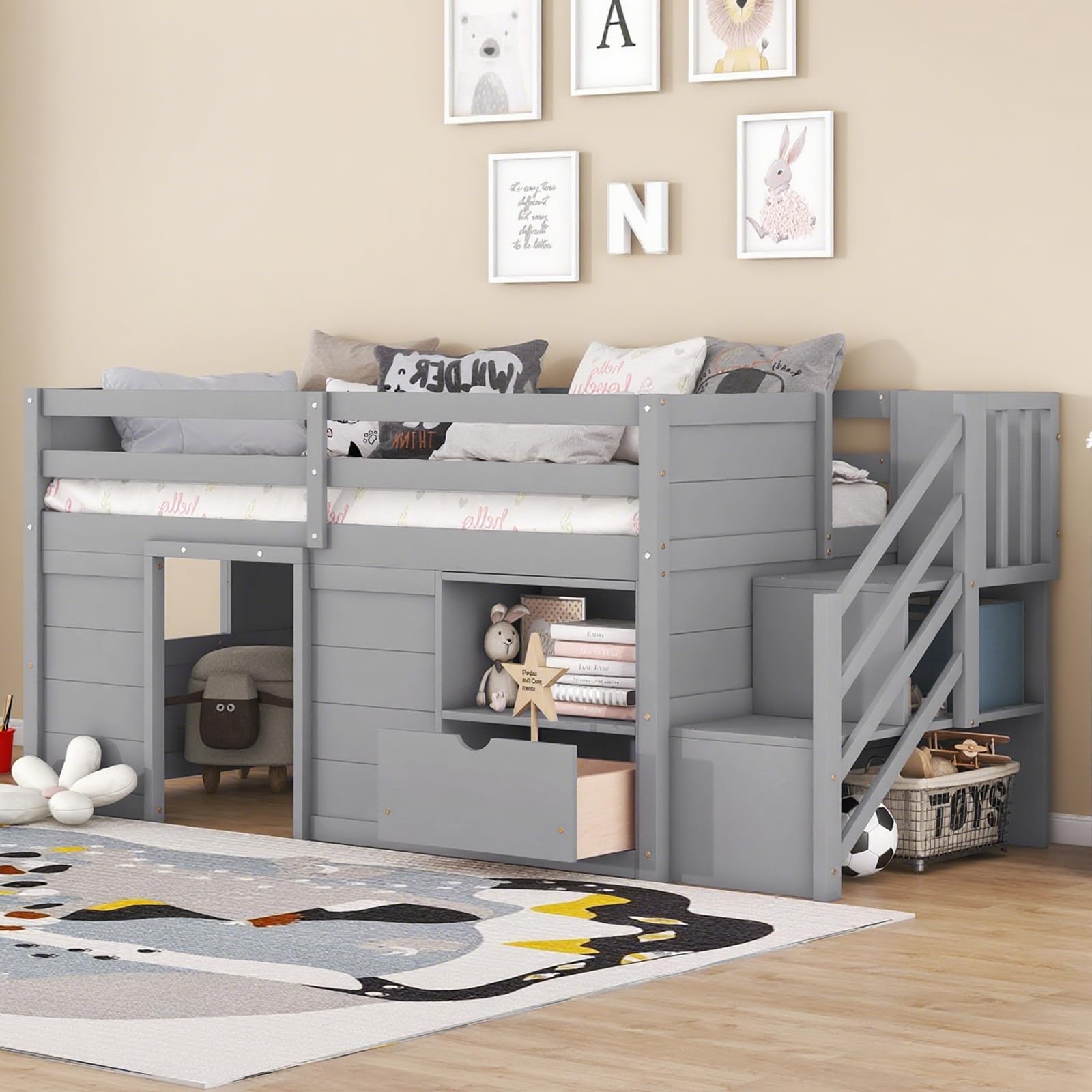 Photo 1 of 1 OF 2 BOXS MISSING OTHER BOX **
Twin Low Loft Bed for Kids, Twin Size Solid Frame with Drawer and Stairs, Modern Space-Saving Bed, Loft Bed with Storage, Strong Wood Slats Support, Under-Bed Playroom, No Box Spring Needed TAN 