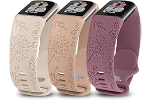 Minyee 3 Packs Floral Engraved Band Compatible with Fitbit Charge 6 Bands/Fitbit Charge 5 Bands Women, Cute Soft Silicone Dandelion Flower Pattern Sport Designer Fancy Summer Strap for Charge 6/5