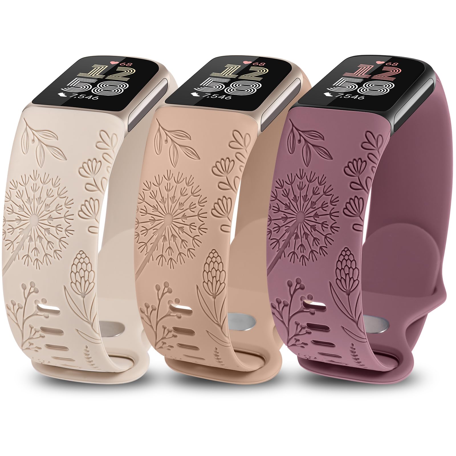 TOYOUTHS 3 Packs Floral Engraved Compatible with Fitbit Charge 5/Charge 6 Strap for Women, Soft Waterproof Silicone Sport Band with Cute Dandelion Flower Pattern, Starlight/Milk Tea/Smoked Violet