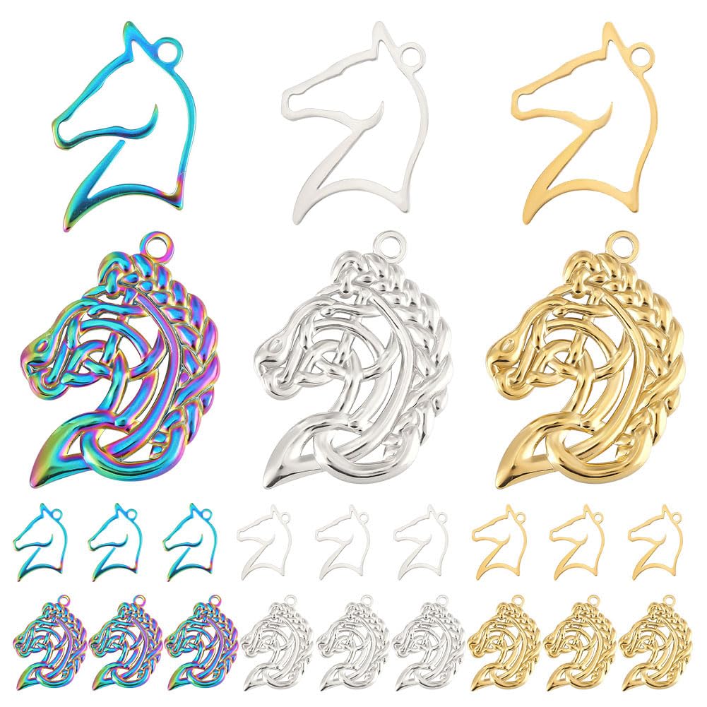 CREATCABIN 18Pcs/Box 6 Style Horse Head Charms Horse Pendants Animal Charms Hollow Vintage Stainless Steel for Jewelry Making Findings DIY Craft Supplies Necklaces Earrings Bracelet Keychain Gifts