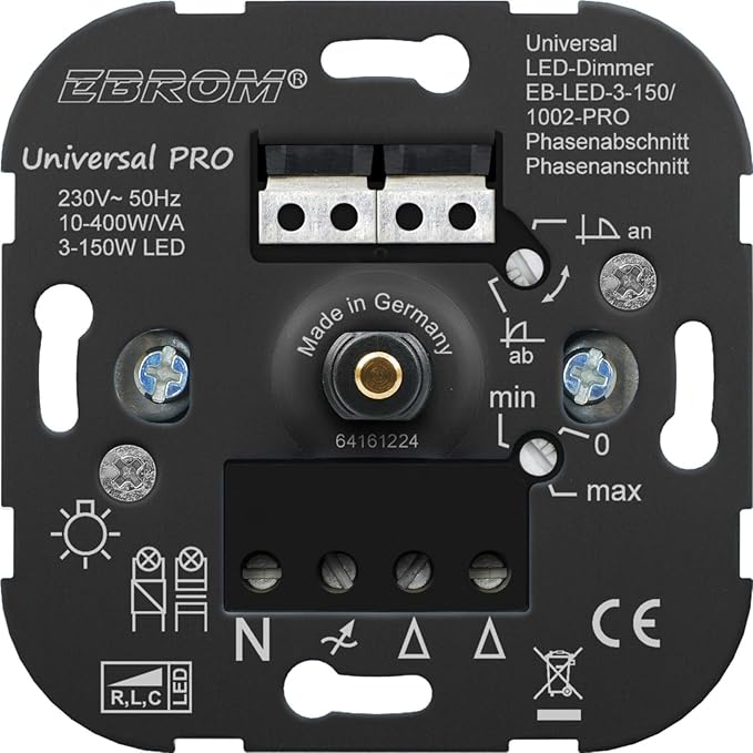 5 Jahre Garantie! EBROM® Unterputz UNIVERSAL LED Dimmer Drehdimmer Phasenabschnitt + Phasenanschnitt LED 3-150 Watt, dimmbare