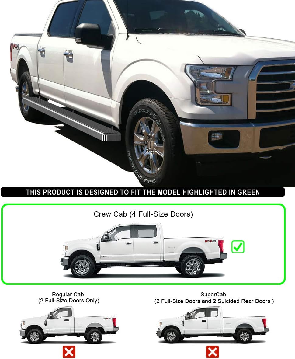 length of f150 crew cab 5 5 bed on Amazon Com Aps Iboard Silver 5in Wheel To Wheel Running Boards Nerf Bars Side Steps Compatible With Ford F150 2015 2021 Supercrew Cab 5 5ft Bed F 250 F 350 Super Duty 2017 2021 Crew Cab Automotive