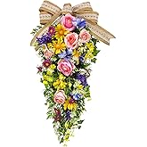 Lnymura 24 Inch Pre-lit Spring Summer Teardrop Swag for Front Door Battery Operated with Timer Rustic Country Decor with Roses Daisies Wildflower Burlap & Lace Bow for Farmhouse Home Decor