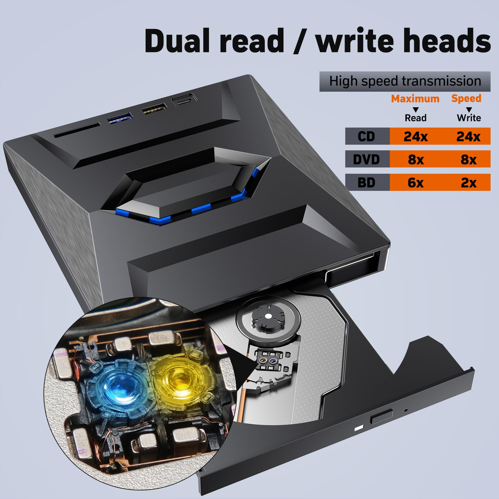 External Blu Ray Drive,Portable Bluray Player Writer Reader,CD Burner with USB 3.0 typc C Port& SD Card,DVD & CD-ROM +/-RW,External Blu-Ray Drives for PC Laptop Desktop Windows Mac Linux Computer