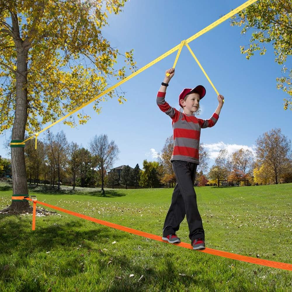 Odoland 50ft Ninja Slackline line with 8 Obstacle Course Setting, Outdoor Ninja Warrior Kit Training Equipment for Kids with Swing Rings Monkey Bars Ninja Knot and Climb Rope for Tree and Backyard: Kitchen & Dining
