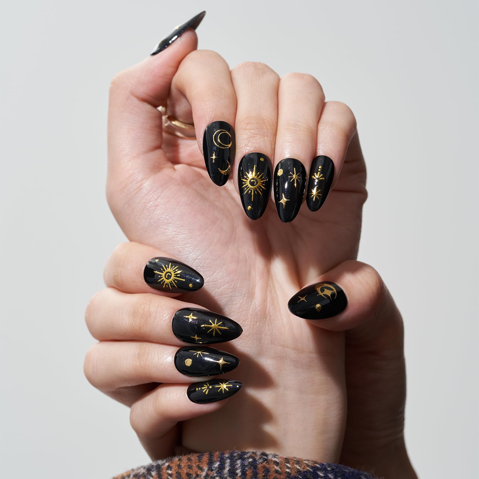 GLAMERMAID Press on Nails Medium Almond, Handmade Gothic Star in Black Gel Glue on Nail, 24Pcs Glossy Short Stiletto Reusable UV Finish Fake Nails Acrylic False Nails Manicure Kits for Women - Image 3