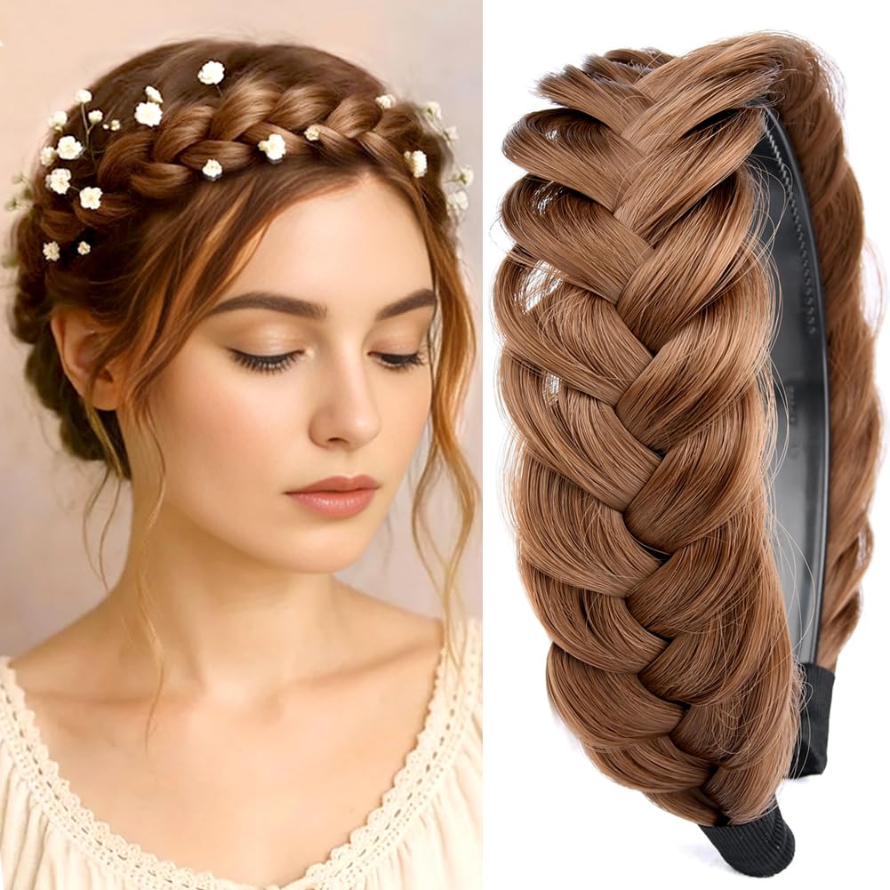 GLEDOLA Wide Messy Braided Headband with Teeth Synthetic Hair Plaited Headband High Elasticity Braids Chunky Fishtail Braided Hair Band Hairpiece for Girls Women (Medium Brown)