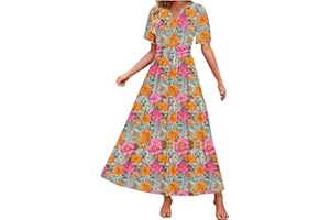 PIUWRLZ Womens Summer Boho Maxi Dresses 2025 Floral V Neck Flowy Sundress Short Sleeve High Waist A Line Beach Vacation Dress