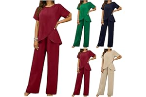 Womens Lounge Short Sleeve Suit Round-Neck Front Cross Tops Loose Pants 2 Piece Outfits Vacation Cotton Linen Loungewear Sets