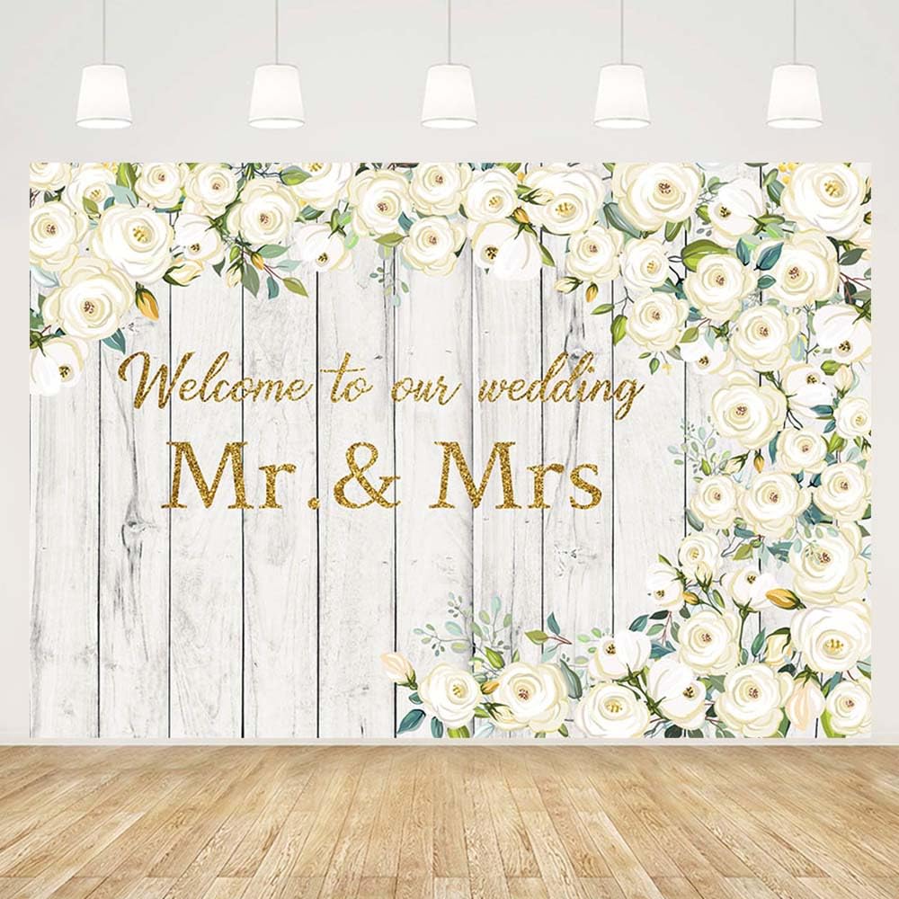 MEHOFOND 7x5ft White Rose Flower Backdrop for Wedding Decoration Welcome To Our Wedding Floral Retro Wood Wall Bridal Shower Party Banner Portrait Photography Background Photo Booth Vinyl