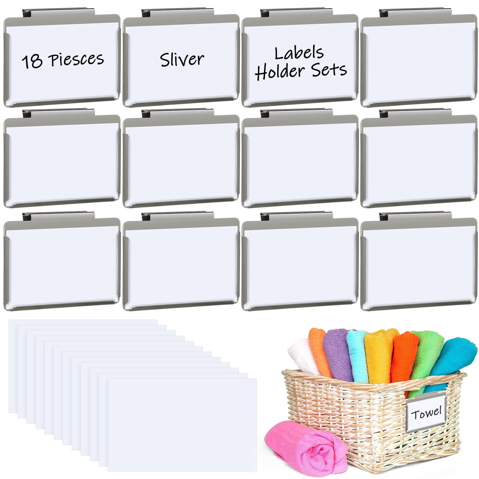 Photo 1 of Basket Bin Labels Clips Label Holders Stainless Label Holders Removable Metal Bin Clips with Replacement Papers for Labeling, Classification, Induction (12 Pack)