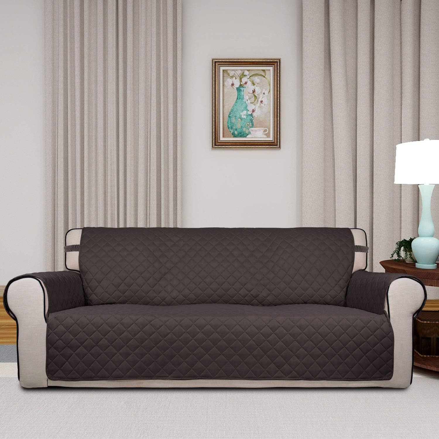 PureFit Reversible Quilted Sofa Cover, Water Resistant Slipcover Furniture Protector, Washable Couch Cover with Non Slip Foam and Elastic Straps for Kids, Dogs, Pets (Oversized Sofa, Chocolate/Beige): Kitchen & Dining