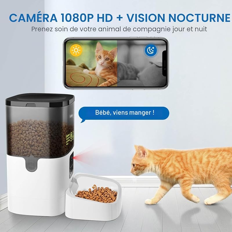 Distributeur Croquettes Chat Automatique avec 1080P Caméra 2.4G WiFi Distributeur Croquettes Chat et Chien avec APP Vidéo Audio Vision 4L Enregistrement Vocal 10s Gamelle Automatique