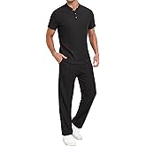 PrinStory Men's Short Sleeve Outfits Waffle Knit Henley Shirt and Pants Set Casual 2 Pieces Summer Tracksuits with Pockets