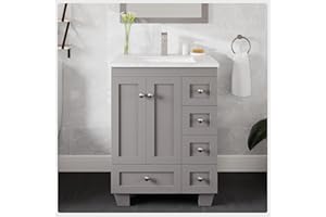 Eviva Acclaim 24 Inch Vanity with Sink – Grey Vanity with Sink 24 Inch, Quartz Top and Porcelain Sink & Bathroom Sink Cabinet, Stylish Single Sink Bath Vanity for Modern Bathrooms