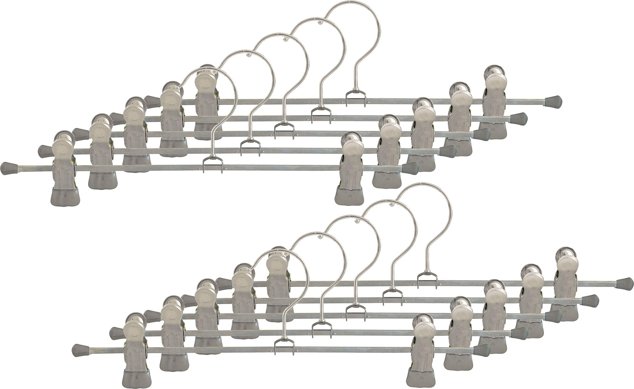 MAWA Hanger for Clothes with Clips, Clip K/D, Set of 10, Space-Saving Hanger for Trousers and Skirts, with Anti-Slip Coated Clips, 360° Rotatable, 30 cm, Silver