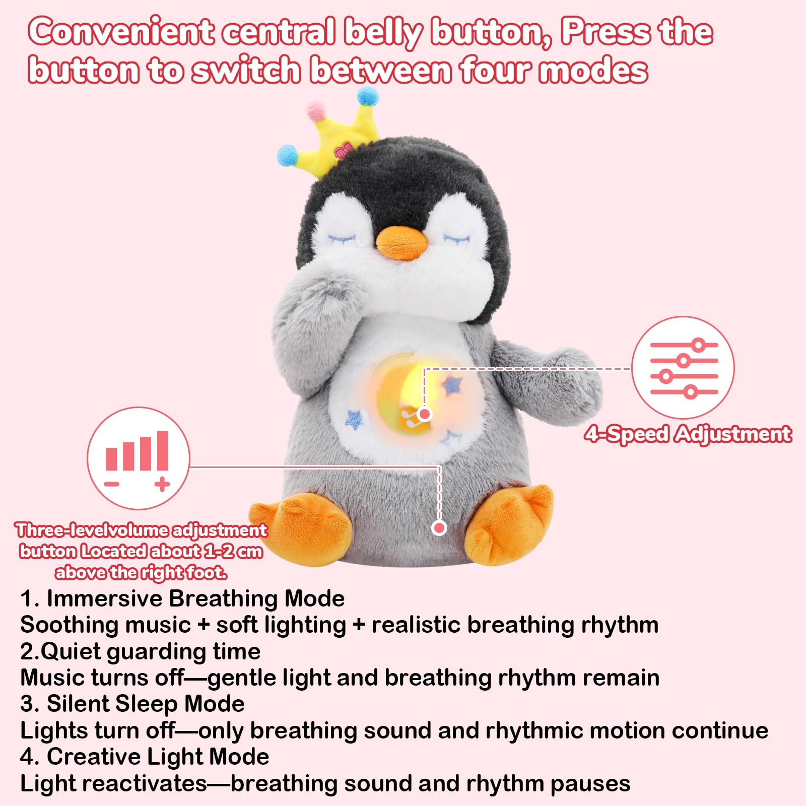 Breathing Stuffed Animal, Soothe Snuggle Penguin Plush for Anxiety Adults and Kids, Volume Control, Machine Washable, Sleep Buddy Soothing Penguin with Realistic Breathing and Lights Music, 4 Modes