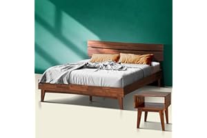 A ACACIA FURNITURE Acacia Aurora Queen Solid Wood Bed Frame with Headboard – Gift Matching Nightstand Included, Mid-Century Modern Farmhouse, Walnut Finish, 800 lbs Capacity, Sturdy, No Box Spring, Easy Assembly