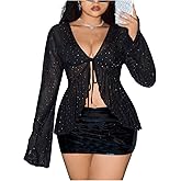 SHENHE Women's Plus Size Tie Front Sheer Mesh Top Bell Sleeve Ruffle Sparkly Sequin Party Shirt