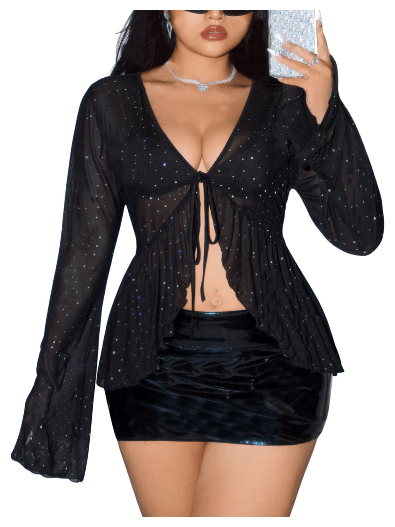 Photo 1 of SHENHE Women's Plus Size Tie Front Sheer Mesh Top Bell Sleeve Ruffle Sparkly Sequin Party Shirt Black X-Large Plus