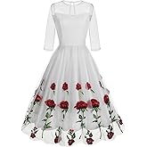 Mesh 3/4 Sleeve Rose Embroidery Dress for Women Floral Embroidered Keyhole Illusion Short Tulle Prom Homecoming Dress