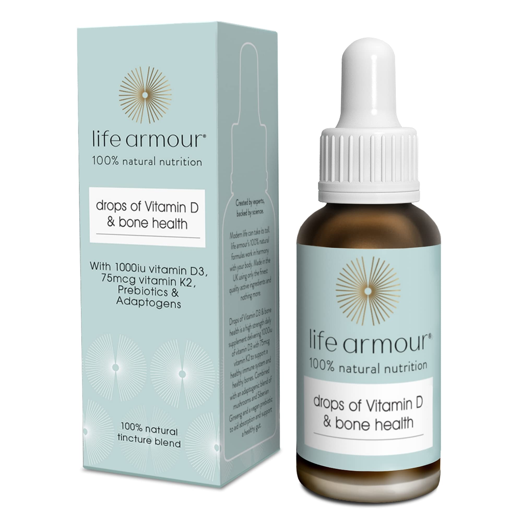 Life Armour Drops of Vitamin D & Bone Health | (30ml) | High Strength Vitamin D | Vitamin D Drops | Vegan Vitamin D Supplement | Vitamin K2 | Contains Vitamin D3 Oil 1000 iu | Made in The UK