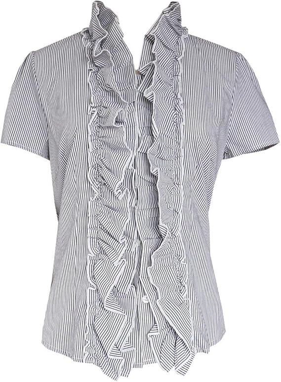 Amazon アンジェリカ Angelica 390 半袖 フリル ブラウス ストライプ ホワイト グレー シャツ ブラウス 通販