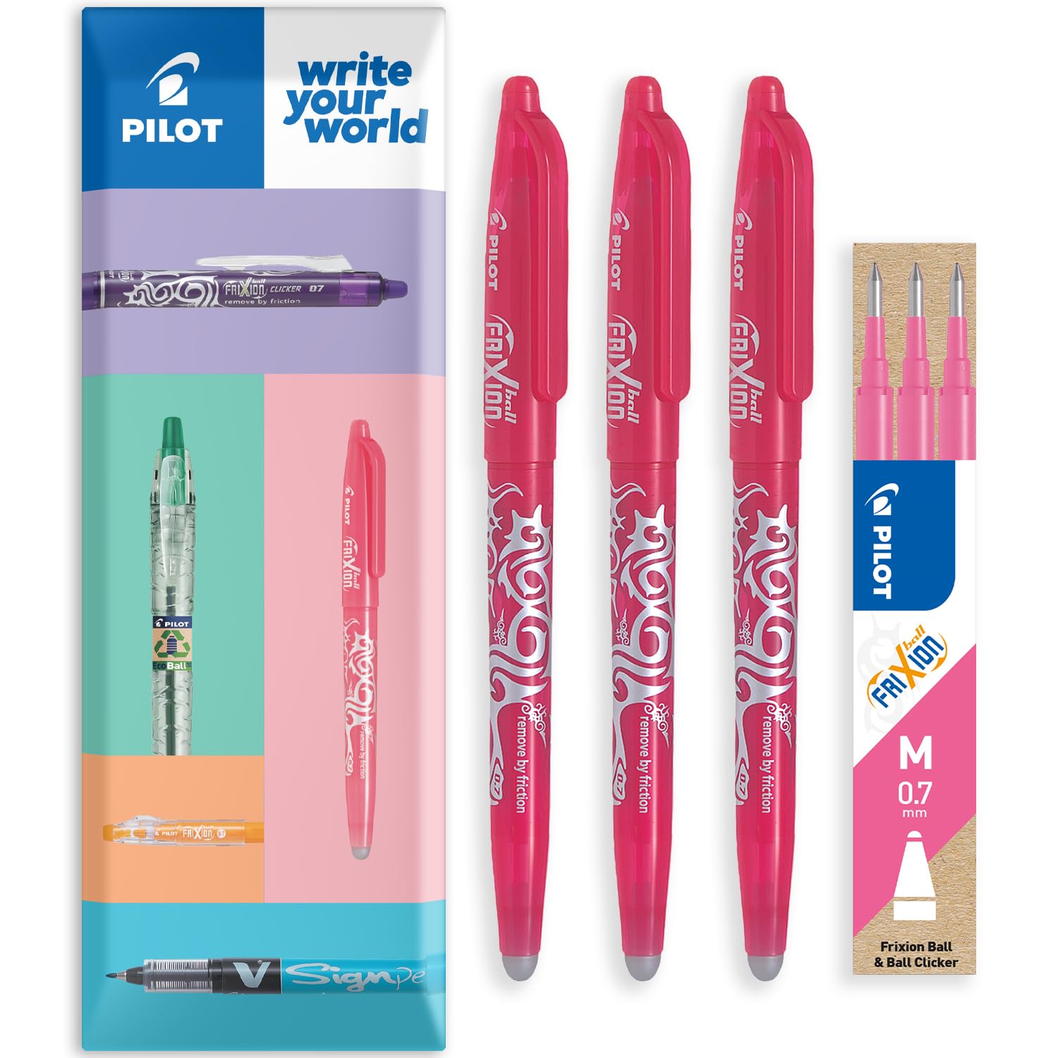 PILOT Frixion Heat/Friction Erasable Rollerball Pen FR7 - Medium Line 0.7mm Tip Nib - Wallet Pack of 3 Pens + 3 Refills (Pink)