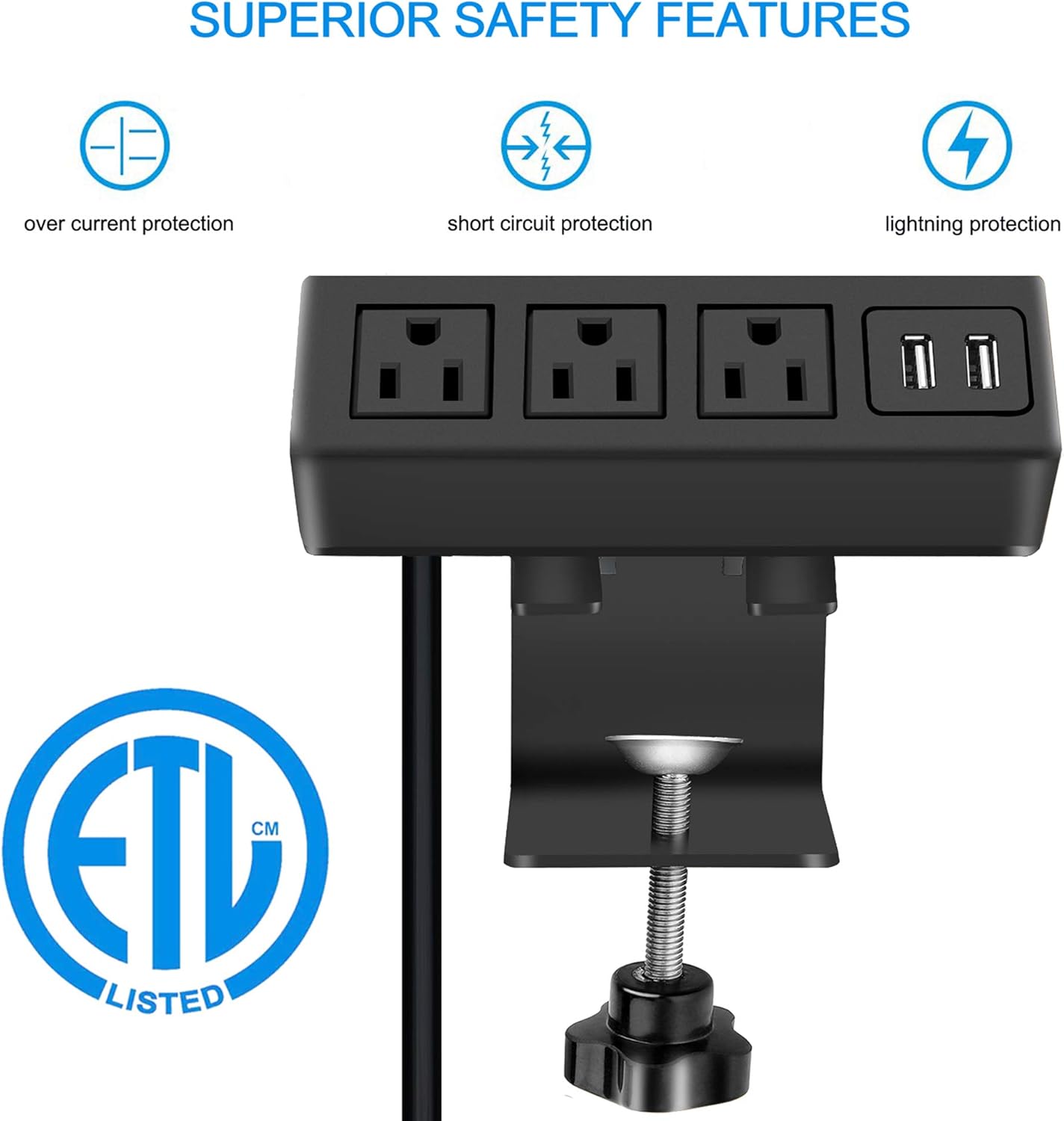 3 Outlet Desk Clamp Power Strip, Desk Mount USB Charging Power Station, Removable Desktop Power Center Plugs Output 125V 60HZ 12A 1500W, USB 5V 2.1A 6.56FT Cable: Home Audio & Theater