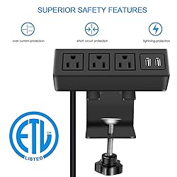 CCCEI 3 Outlet Desk Clamp Power Strip with USB