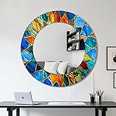 KEQAM Decorative Wall Mirror, Blue Colorful Printed Mirror for Wall Decor, Large Round Wall Art Mirror, Wall Mirrors for Living Room, Entryway, Bedroom, Dining Room Kitchen 16 Inch