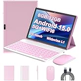 Android 15 Tablet, 10 Inch 8GB RAM+32GB ROM+1TB Expand, 1.8Ghz Quad-core Processor, 2 in 1 Tablets with Keyboard/ Mouse/ Case/ Stylus, 8MP Camera, 6000mAh Battery, 1280*800 HD Screen, 5G WiFi 6 Tablet