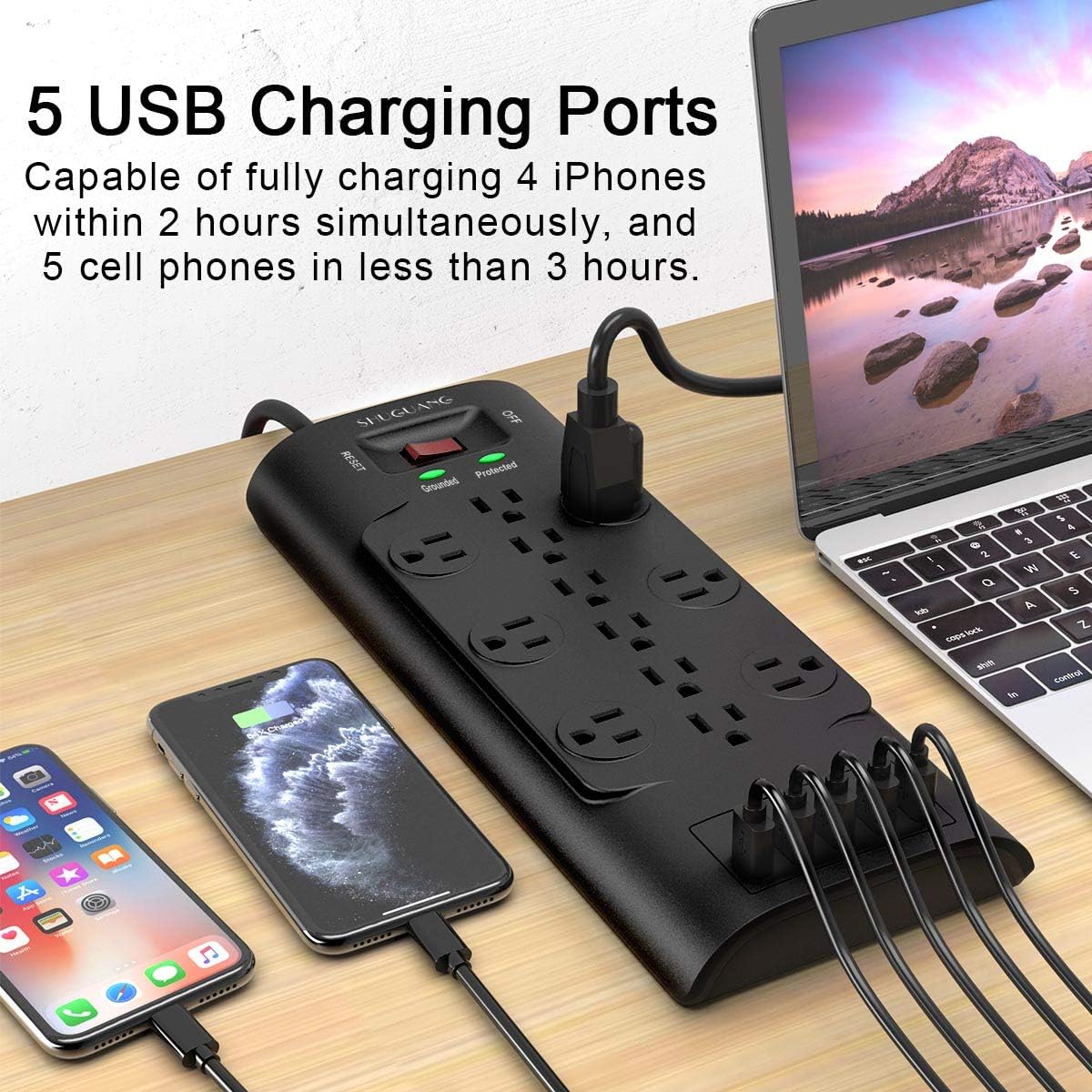 Surge Protector, SHUGUANG Power Strip with 12 Outlets and 5 USB Ports, Heavy Duty 6 Feet Flat Plug Extension Cord (1875W/15A) for Multiple Devices Smartphone Tablet Laptop Computer, ETL Listed: Electronics