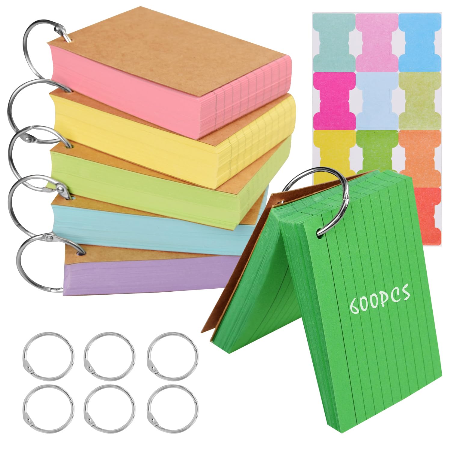 Vakki 6 Pack 600 Pcs Revision Cards, Flashcards for Revision Index Cards Ruled Multicolor Kraft Paper Notecards Cue with 6 Metal Binder Rings for Office School Home Study Record