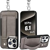 TOOVREN Phone Cover for iPhone 15 Pro Wallet Case with Card Holder Stand Neck Strap PU Leather Cover Fits iPhone 15 Pro Case with Wallet Lanyard Kickstand Detachable for Women Men 6.1 inch Gray