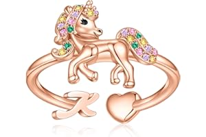 EXQUJEW Unicorn Initial Rings for Teen Girls, Rose Gold/White Gold Plated Heart Initial Rings for Girls Adjustable Stackable Rings for Women Diny Heart Ring for Teen Girls Gifts Unicorns Gifts for Girls