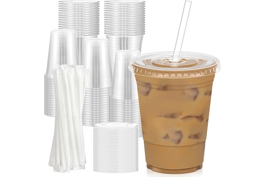 Dealusy 100 Pack - 16 oz Clear Plastic Cups with Lids and Straws | Sturdy & Food Safe Iced Coffee Cups with lids, Disposable Plastic Smoothie Cups for Cold Drinks