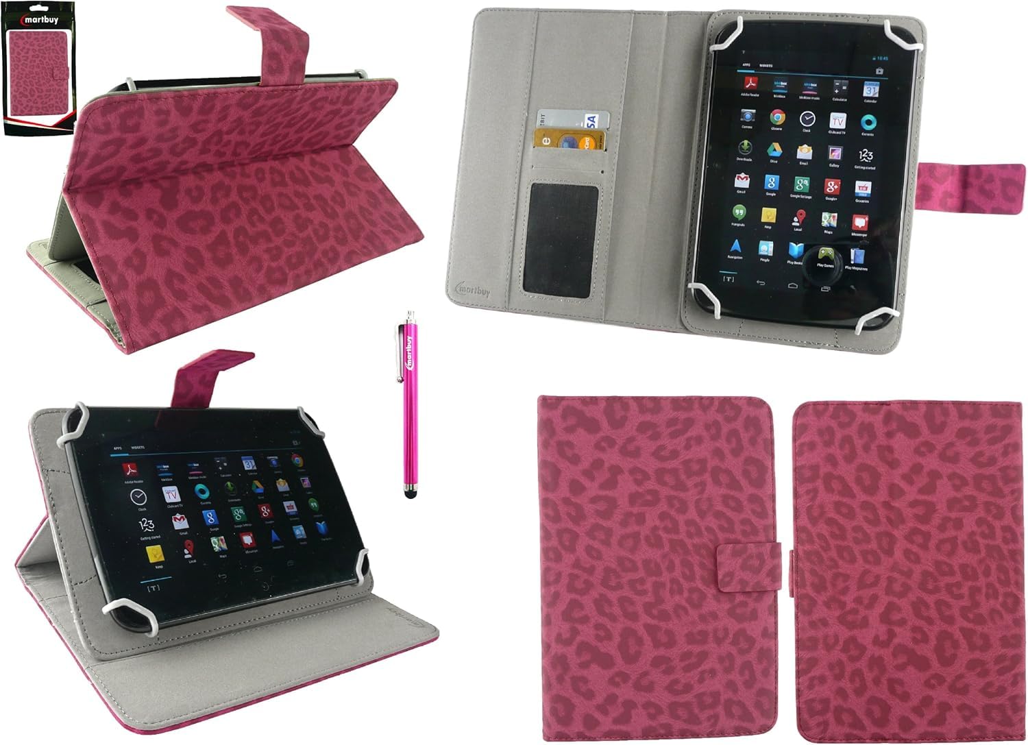 Emartbuy Universal 7-8.8 Inch Faux Suede Leopard Pink Multi Angle Folio Wallet Case Cover With Card Slots and Stylus Pen Compatible With Selected Devices Listed Below