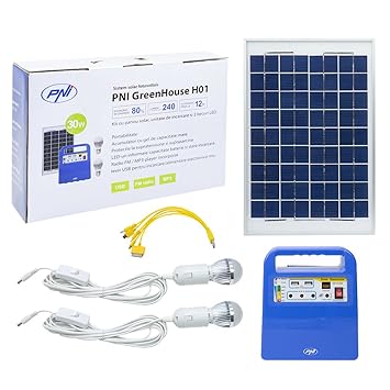 Photovoltaikanlage Sonnenkollektor PNI GreenHouse H01 30W, Akku 12V / 7Ah inklusive, USB / Radio / MP3, 2 x LED-Lampen