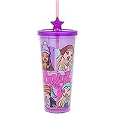 Silver Buffalo Bratz Dolls Featuring Cloe, Yasmin, Jade, and Sasha Pink and Purple Plastic Cold Cup with Lid and Straw Topper, 24 Ounces