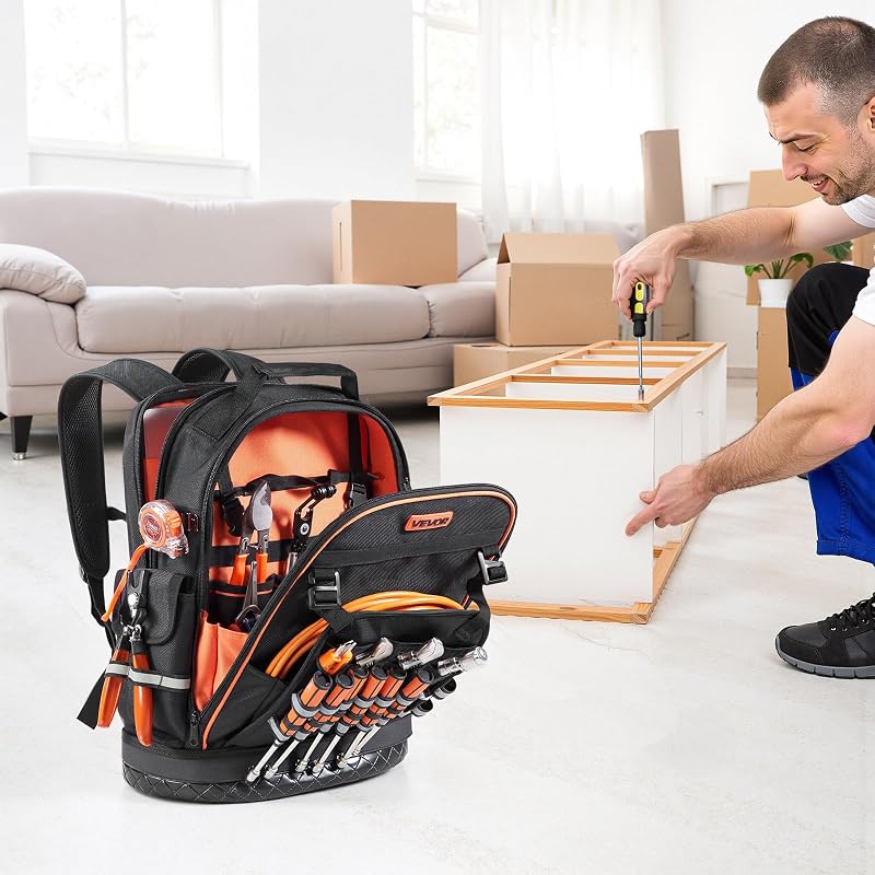 Zaino Portautensili, 64 Tasche, per Attrezzi Pesanti, Zaino da Lavoro con Scomparto per Laptop e Base Sagomata, Borsa da Cantiere per Elettricisti, Riparatori e Tecnici HVAC Nero