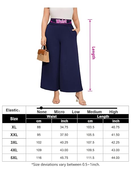 SHOPWONDER PLUS SIZE CASUAL PANTS FOR WOMEN ELASTIC HIGH WAIST TROUSERS WIDE LEG COMFY LOUNGE BOHO SUMMER PANTS WITH POCKETS NAVY BLUE XL