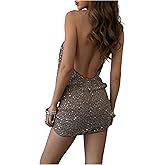 MakeMeChic Women's Sequin Halter Dress Open Back Sparkly Bodycon Party Mini Dresses