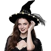 Muswarm Halloween Witch Hat for Women Adult, Black Wizard Cosplay Costume Party Accessory Decoration(with Light)