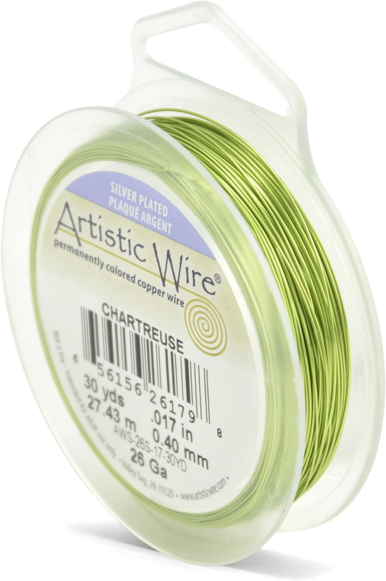 Artistic Wire 41 mm Silver Plated Tarnish Resistant Colored Copper Craft Wire, 26 Gauge, 30 yd, Chartreuse