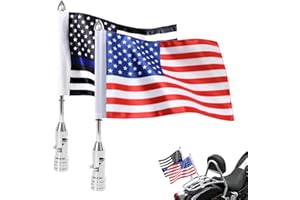 AOCHUANG Outdoor Motorcycle Flagpole Mount and Polyester Motorcycle American Flag Thin Blue Line Adjustable Fold Down 90 Degree Flagpole Mounts for Harley Road King Touring Spring Honda Goldwing Luggage Rack Fender Decor