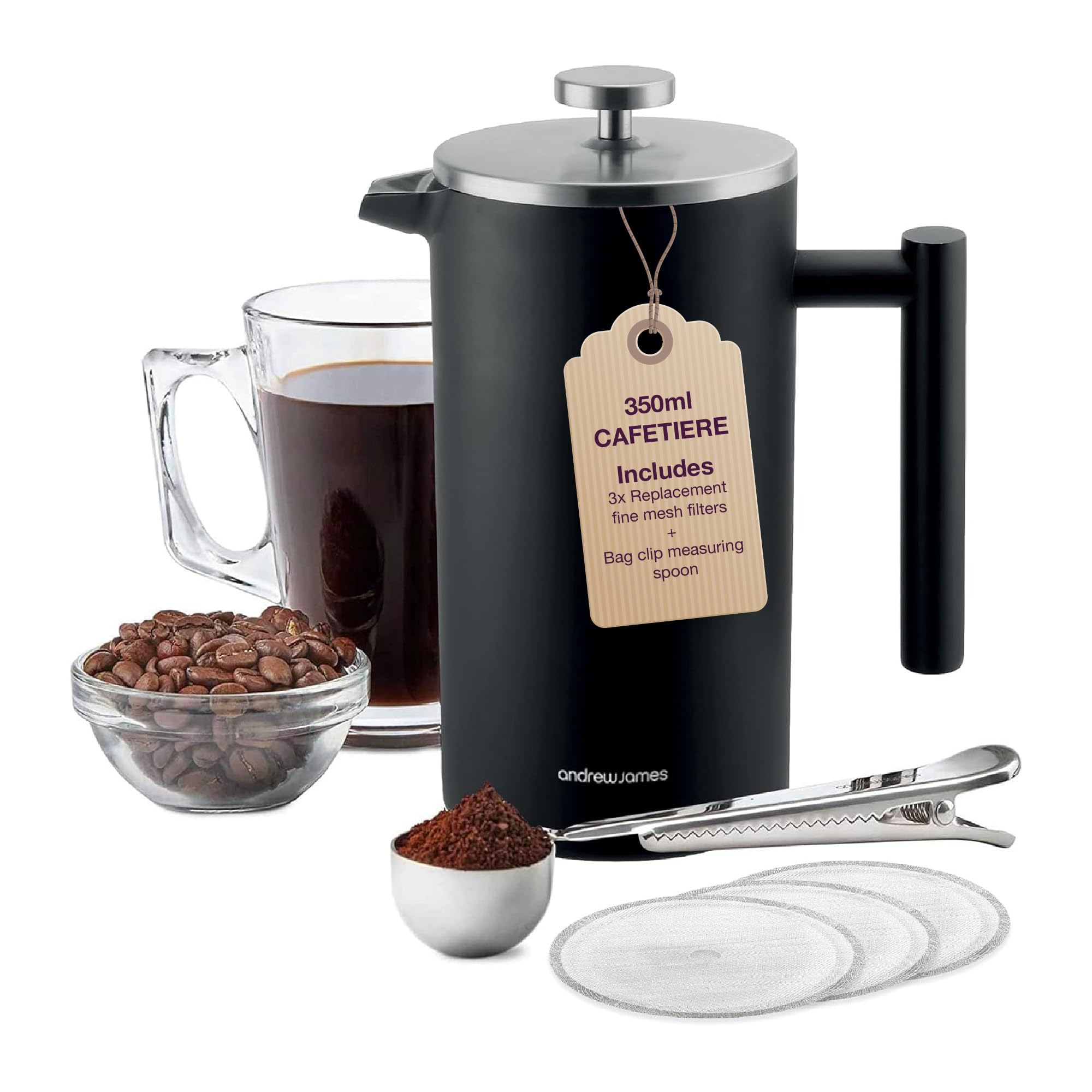 andrew james Double Walled Stainless Steel Cafetiere Gift Set With 3 Mesh Filters, Coffee Measuring Spoon And Bag Sealing Clip, Delicious French Press Coffee, Easy to Clean (350ml, Black)