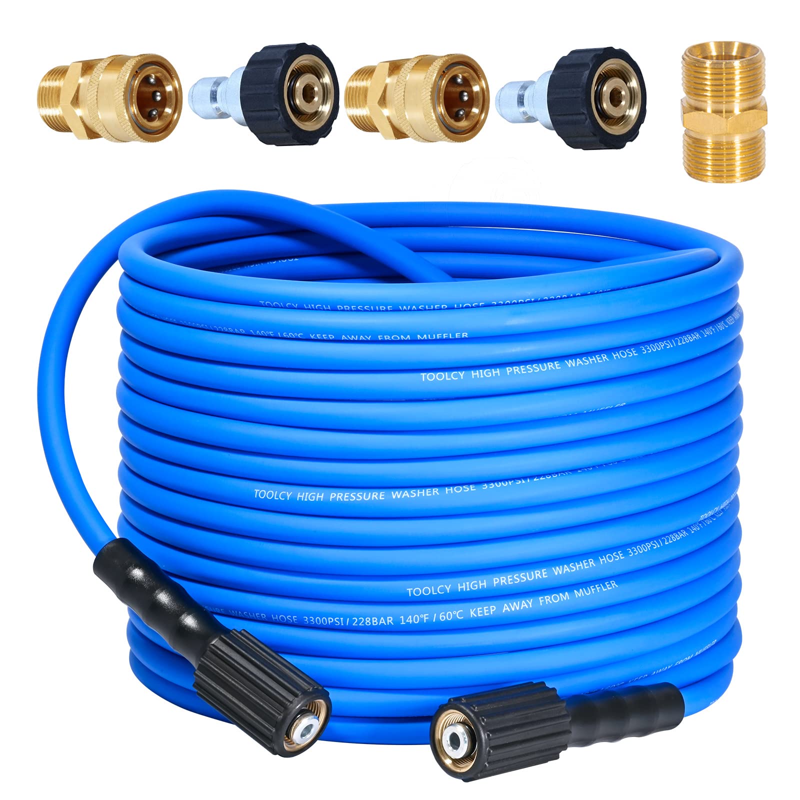 Photo 1 of TOOLCY Super Flexible Pressure Washer Hose 50ft, 3300 PSI Kink Resistant Power Washer Hose 1/4 in., Replacement Power Wash Hose with M22 and 3/8" Quick Connection Kit for Gas & Electric