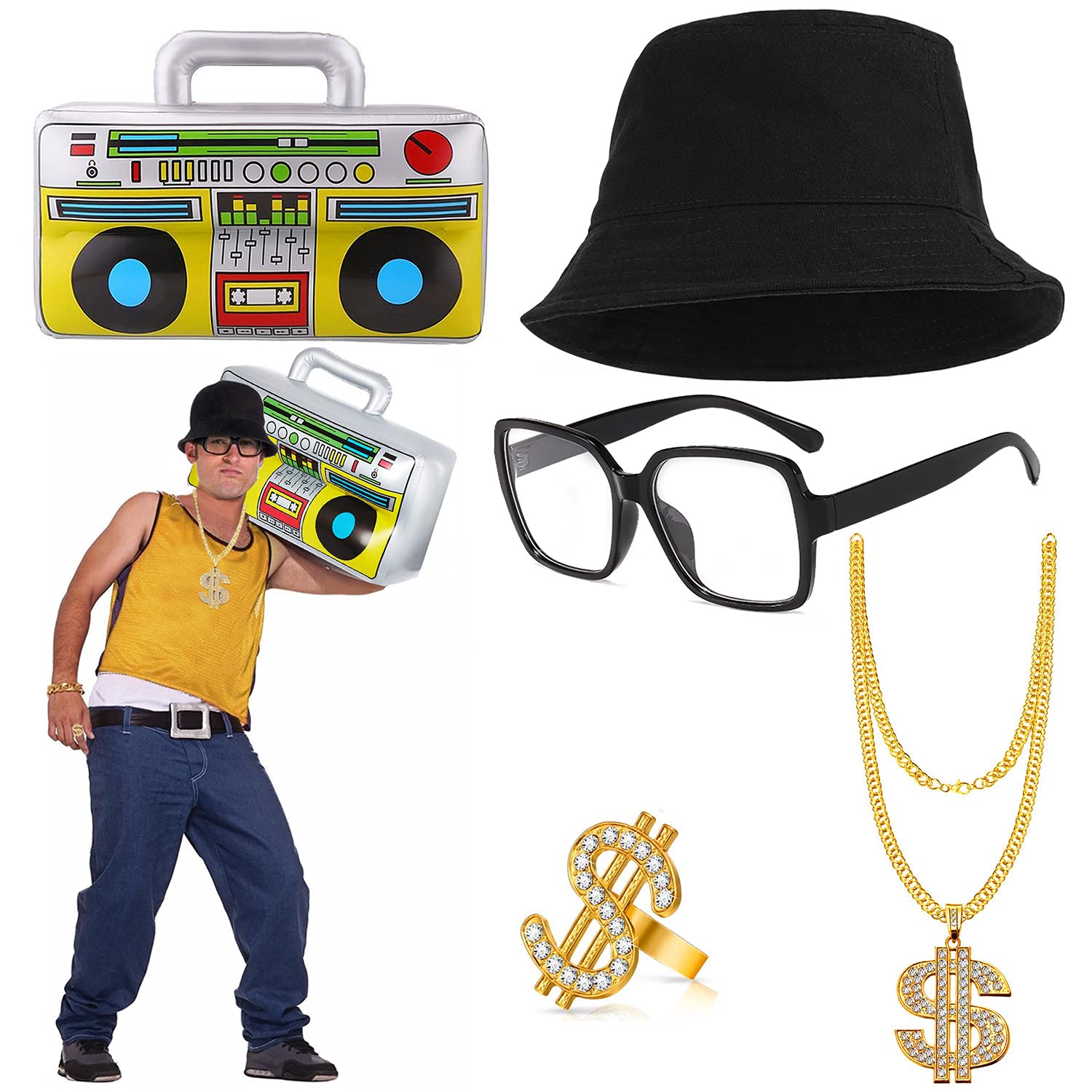 BIQIQI Hip Hop Costume Kit 80's Men's Rapper Accessories Oversized Rectangular Glasses Bucket Hat Gold Dollar Sign Chain Ring Necklace Inflatable Boom Box Party Favors Adult 80s Party Theme Décor